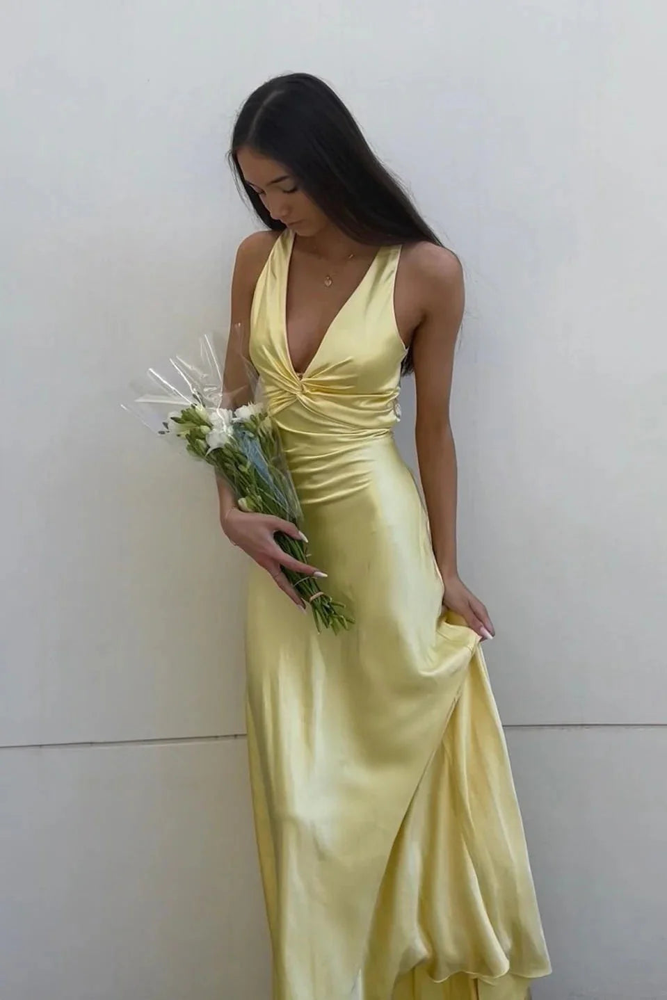 Chic Sheath Halter Neck Yellow Long Prom Dress with Backless Bowknot US0 / Yellow