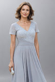 Chiffon V-Neck Silver Long Mother of the Bride Dress with Short Sleeves-Pgmdress
