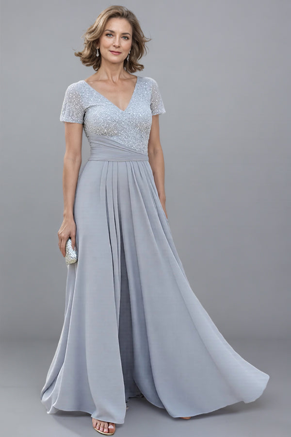 Chiffon V-Neck Silver Long Mother of the Bride Dress with Short Sleeves-Pgmdress