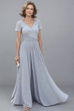 Chiffon V-Neck Silver Long Mother of the Bride Dress with Short Sleeves-Pgmdress