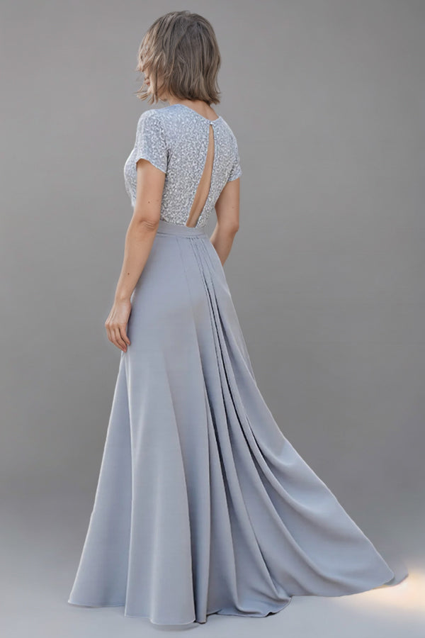Chiffon V-Neck Silver Long Mother of the Bride Dress with Short Sleeves-Pgmdress