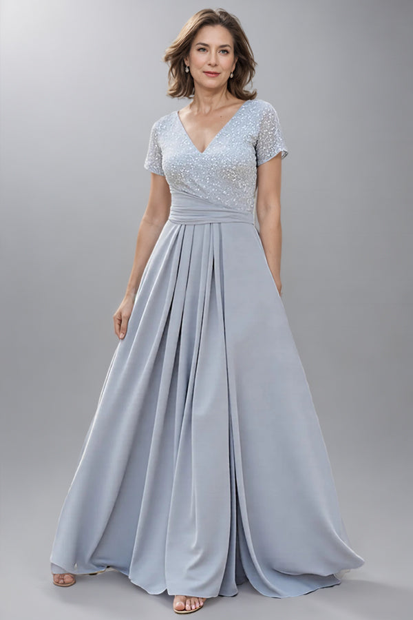 Chiffon V-Neck Silver Long Mother of the Bride Dress with Short Sleeves-Pgmdress