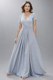Chiffon V-Neck Silver Long Mother of the Bride Dress with Short Sleeves-Pgmdress