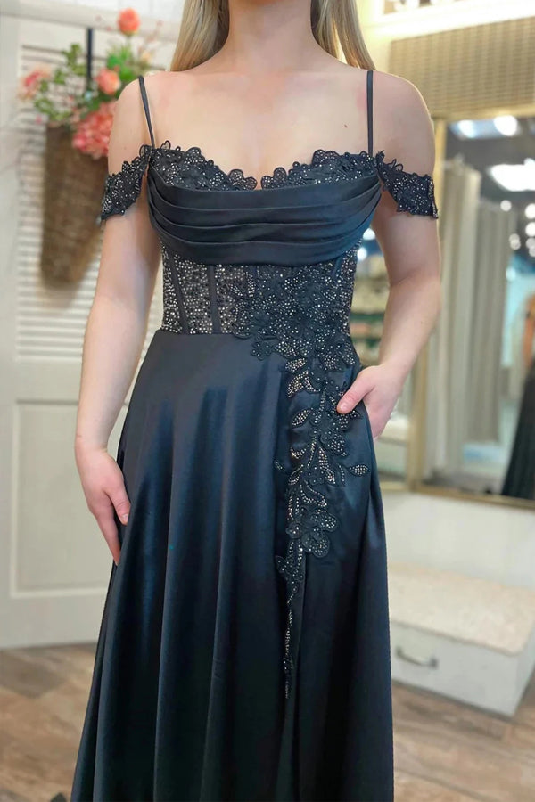 Cold-Shoulder Beaded A-Line Split Prom Dress With Pockets PSK555-Pgmdress