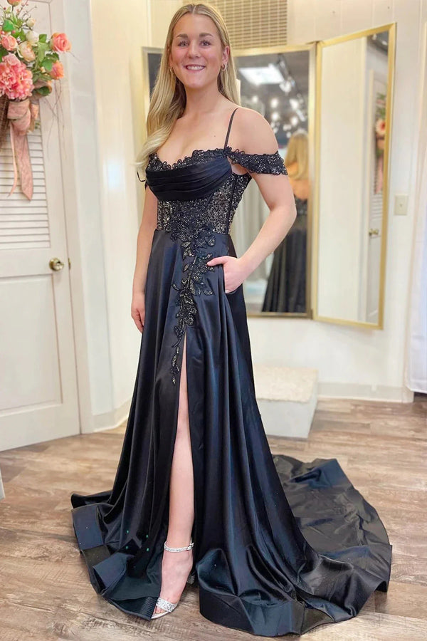 Cold-Shoulder Beaded A-Line Split Prom Dress With Pockets PSK555 US0 / Black