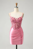 Corset Pink Tight Short Homecoming Dress Mini Dress with Beadings