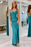 Robe de bal longue sirène en satin bleu à col bénitier et fente PSK608