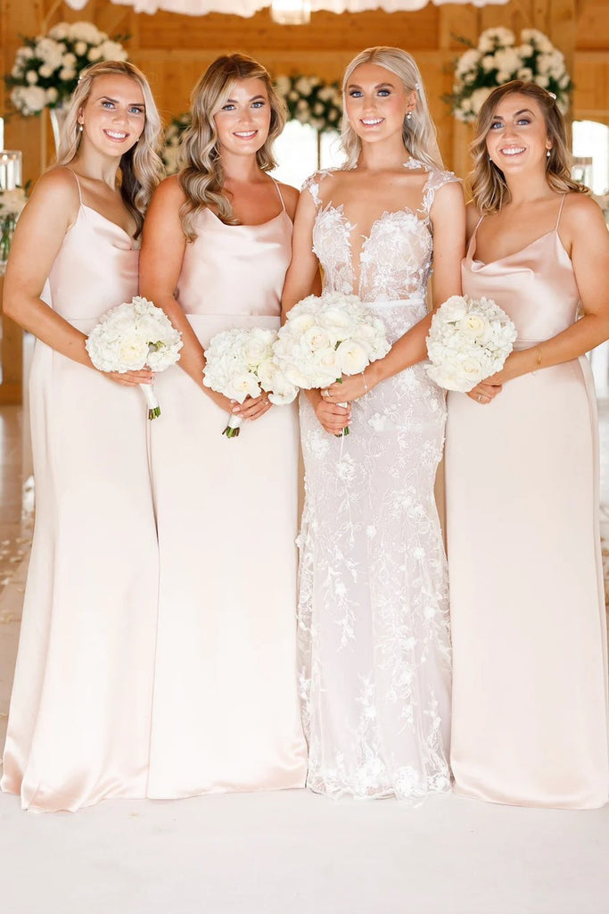 Cowl Neck Spaghetti Strap Champagne Bridesmaid Dress BD123-Pgmdress