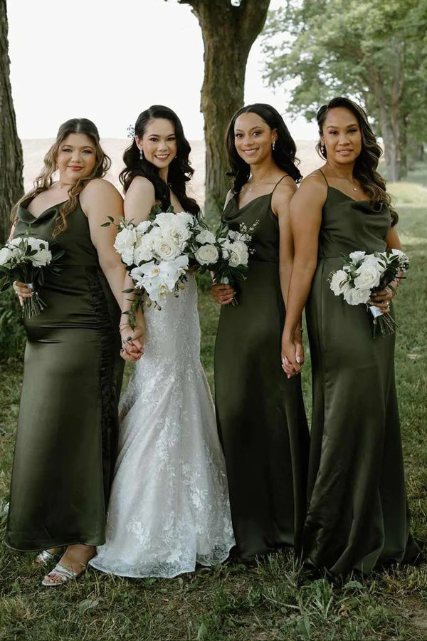 Cowl Neck Spaghetti Straps Satin Pleated Olive Bridesmaid Dress BD149