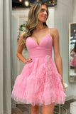 Süßes A-Linien-Partykleid mit Spaghettiträgern aus rosa Tüll PD481