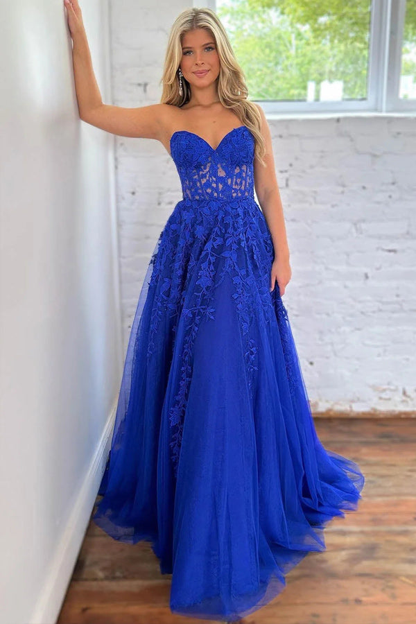 Cute A Line Sweetheart Royal Blue Tulle Long Prom Dresses PSK532-Pgmdress