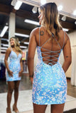 Cute Bodycon V Neck Blue Lace Tight Homecoming Dresses PD484-Pgmdress