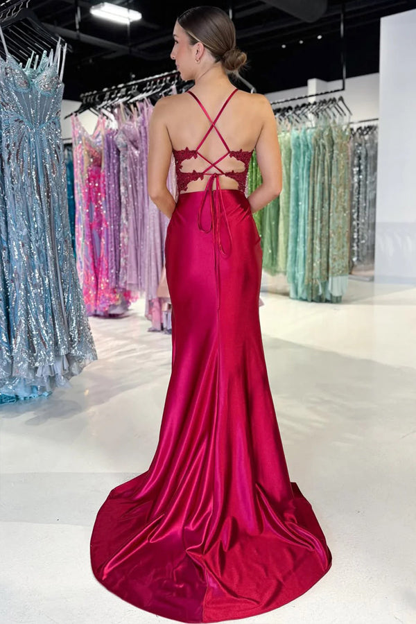 Jolie robe de bal sirène en satin bordeaux à col en V et appliqués PSK684
