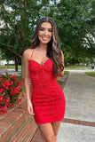 Süßes rotes rückenfreies, figurbetontes Homecoming-Kleid aus Spitze PD501