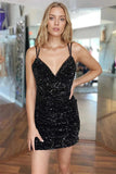 Cute Black V Neck Backless Sequins Tight Homecoming Dresses PD486-Pgmdress
