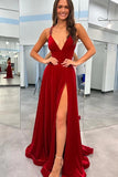 Robe de bal en velours rouge foncé avec bretelles et col en V et fente PSK545
