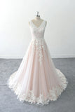 Deep V Beach Wedding Dress Ivory Lace Tulle Blush Wedding Dress-Pgmdress