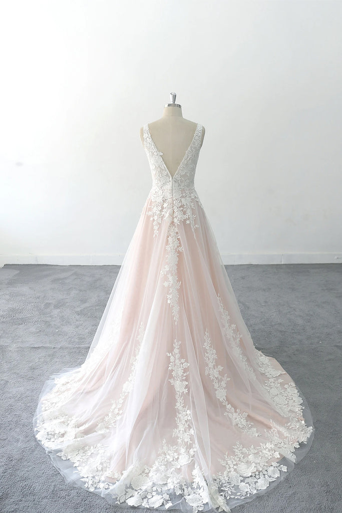 Deep V Beach Wedding Dress Ivory Lace Tulle Blush Wedding Dress-Pgmdress