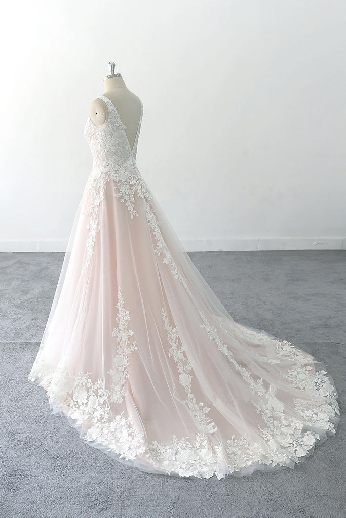 Deep V Beach Wedding Dress Ivory Lace Tulle Blush Wedding Dress-Pgmdress