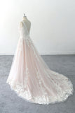 Deep V Beach Wedding Dress Ivory Lace Tulle Blush Wedding Dress-Pgmdress