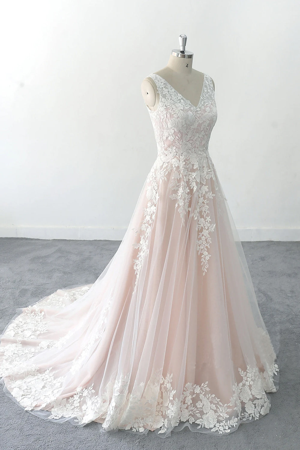 Deep V Beach Wedding Dress Ivory Lace Tulle Blush Wedding Dress US6 / White