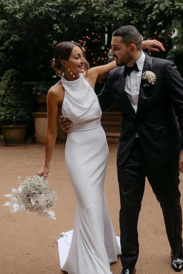 Elegant Mermaid Halter Modest Wedding Dress Simple Bridal Gown WD738 US16 / White Elegant Mermaid Halter Modest Wedding Dress Simple Bridal Gown WD738 US16 / White