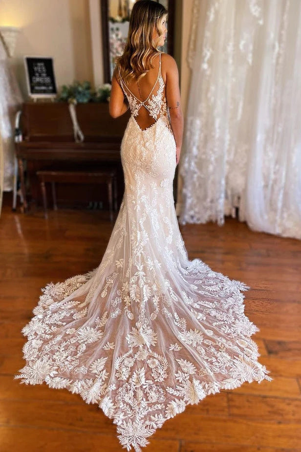 Elegant Mermaid V Neck Lace Bohemian Wedding Dresses with Court Train WD682-Pgmdress