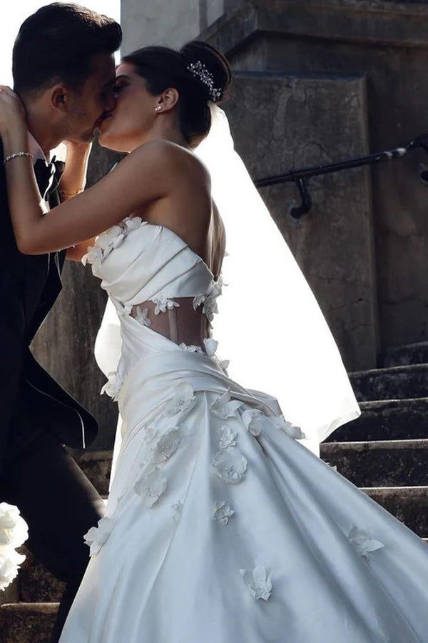 Elegant One Shoulder Applique Satin White Wedding Dress WD785-Pgmdress