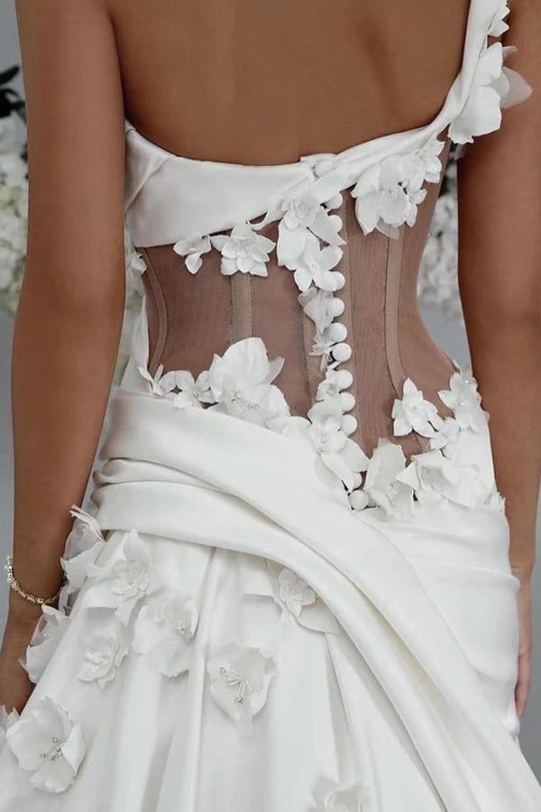Elegant One Shoulder Applique Satin White Wedding Dress WD785-Pgmdress