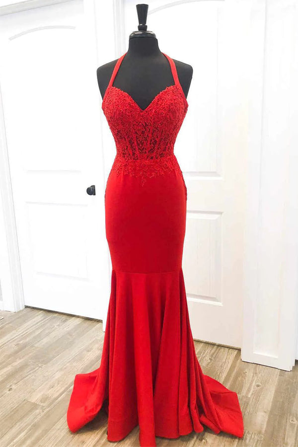 fitted lace wedding dress Plus Size Shiny Ruby Striped Sequin Halter Plunging Mermaid Prom Dress main image 0