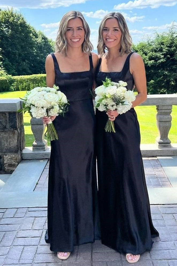 Elegant Square Neck Long Black Bridesmaid Dress BD128-Pgmdress