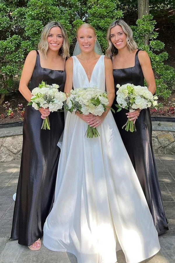 Elegant Square Neck Long Black Bridesmaid Dress BD128-Pgmdress