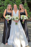 Elegant Square Neck Long Black Bridesmaid Dress BD128-Pgmdress