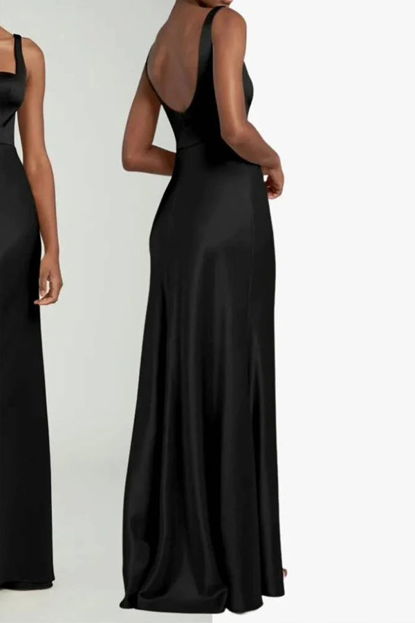 Elegant Square Neck Long Black Bridesmaid Dress BD128-Pgmdress