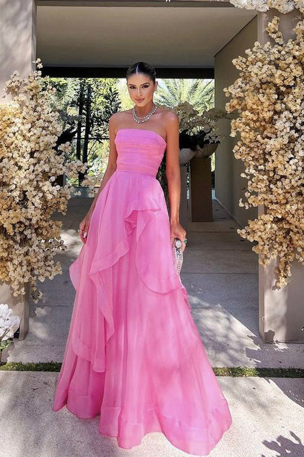 Cheap 2024 Hot Pink Lace Prom Dresses Strapless Sleeveless Formal Dress  with Split