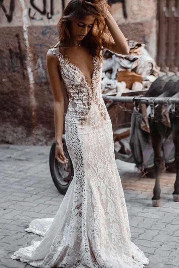 Elegant V-neck Sleeveless Mermaid Boho Long Wedding Dress WD788-Pgmdress