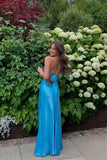 Robe de bal longue élégante à fines bretelles et col en V, bleu marine, PSK714