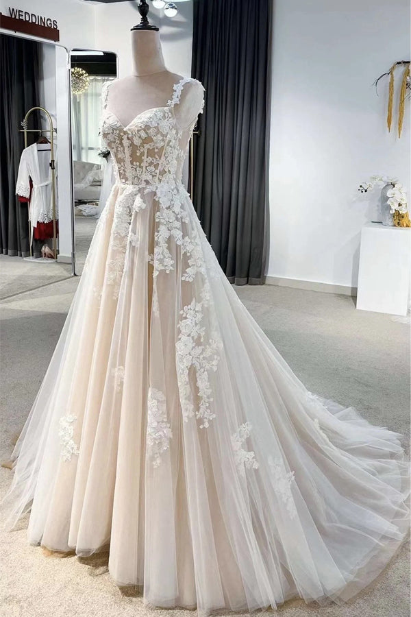 Fairy A-line Floral Corset Wedding Dress With Lace Appliques-Pgmdress