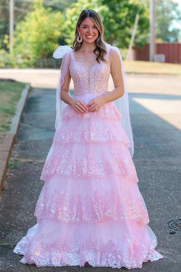 Fairy A Line V Neck Pink Long Prom Dress with Appliques PSK614 Custom Size / Pink