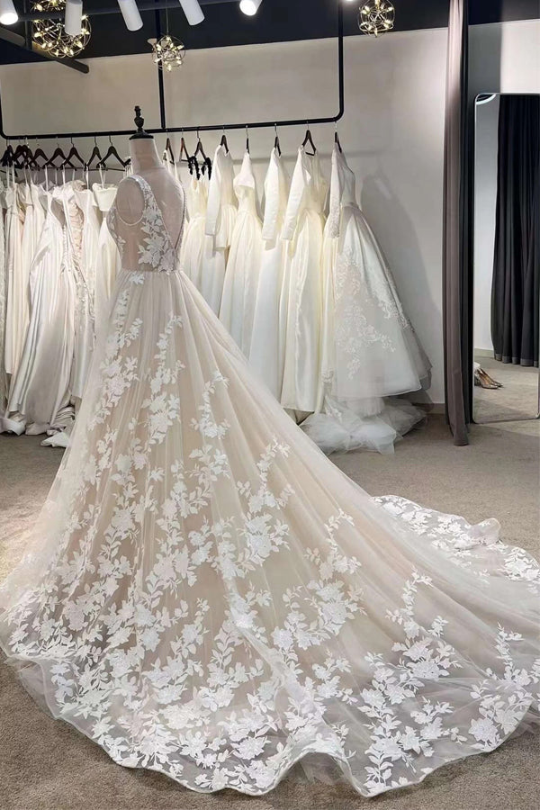 Fairy Floral A-line Bohemian Wedding Dress Unique Elopement Dress-Pgmdress