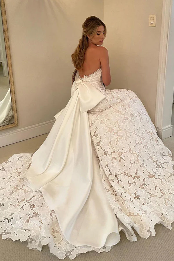 Floral Lace Strapless A Line Boho Ivory Wedding Dress with Satin Bowtie WD634-Pgmdress