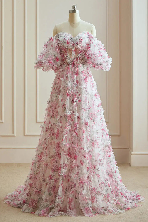 Robe de bal fleurie multicolore blanche fuchsia de fée des fleurs PSK561