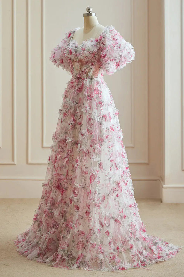 Robe de bal fleurie multicolore blanche fuchsia de fée des fleurs PSK561
