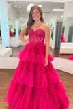 Robe de bal longue en tulle fuchsia à plusieurs couches et à appliques sans bretelles PSK451