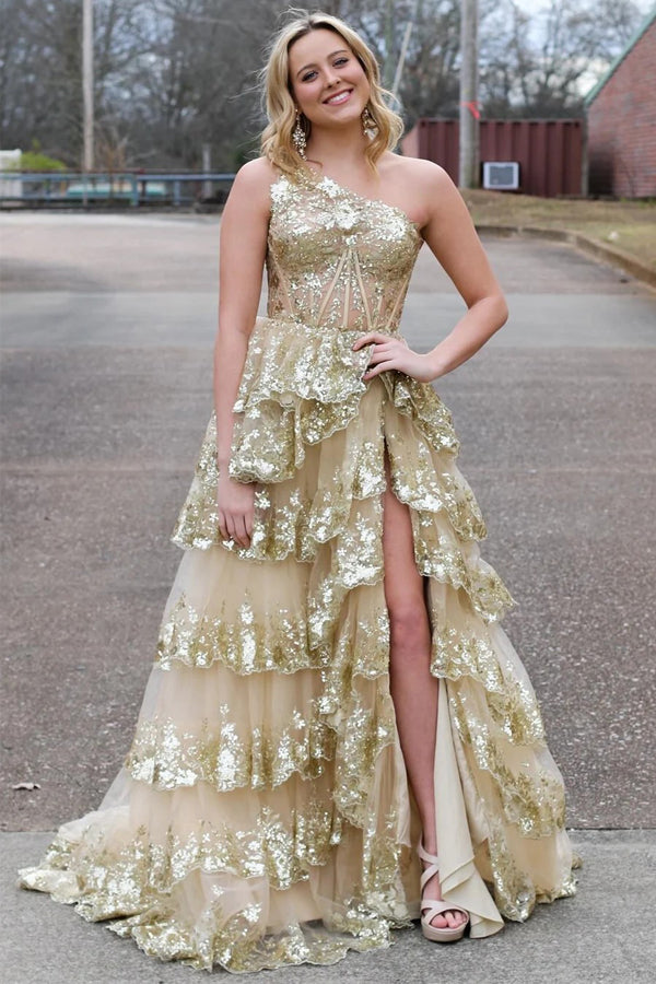 Navy Blue Tulle Sequin One-Shoulder Long Prom Dress with Slit PSK489 US8 / Gold Navy Blue Tulle Sequin One-Shoulder Long Prom Dress with Slit PSK489 US8 / Gold