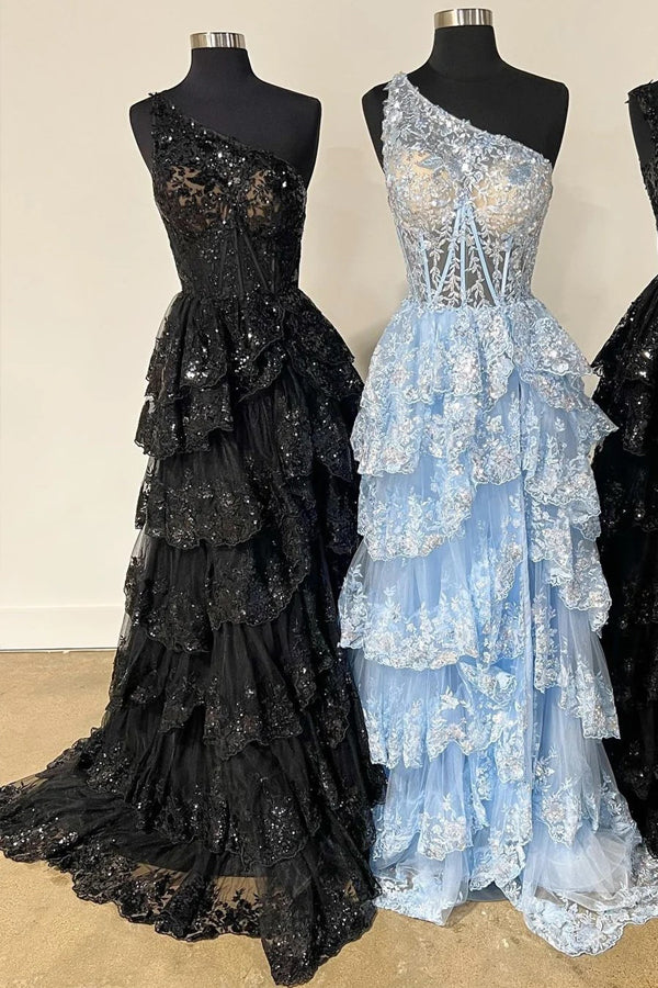Gold Tulle Sequin One-Shoulder Ruffle Long Prom Dress with Slit PSK489-Pgmdress