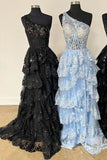 Gold Tulle Sequin One-Shoulder Ruffle Long Prom Dress with Slit PSK489-Pgmdress
