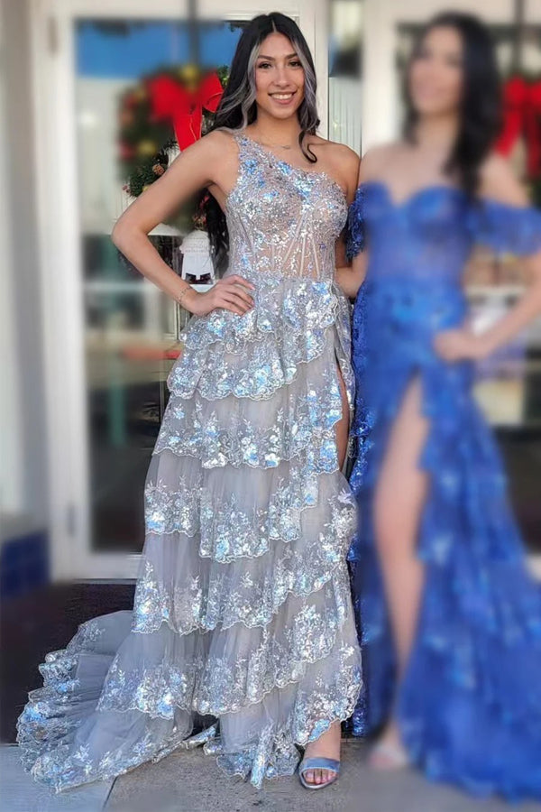 Navy Blue Tulle Sequin One-Shoulder Long Prom Dress with Slit PSK489 Pgmdress Navy Blue Tulle Sequin One-Shoulder Long Prom Dress with Slit PSK489 Pgmdress