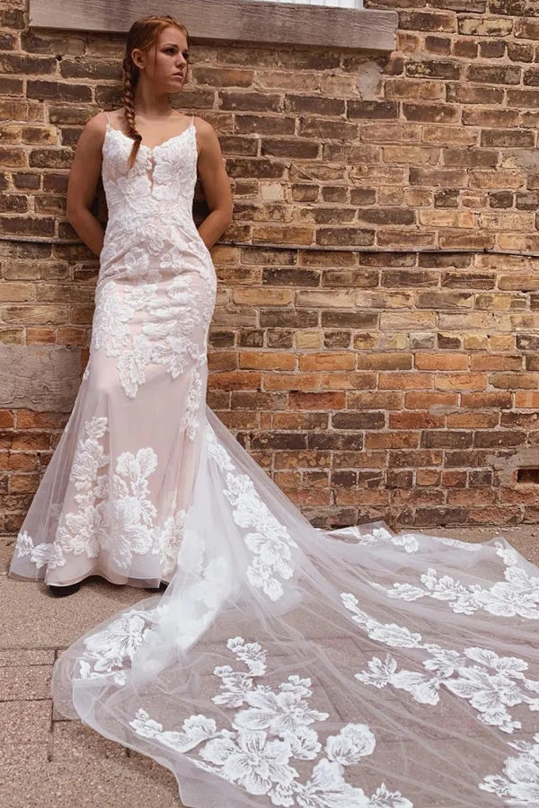 Gorgeous Mermaid Spaghetti Straps Wedding Dresses With Appliques WD702 US18 / Ivory Lace+Champagne Line
