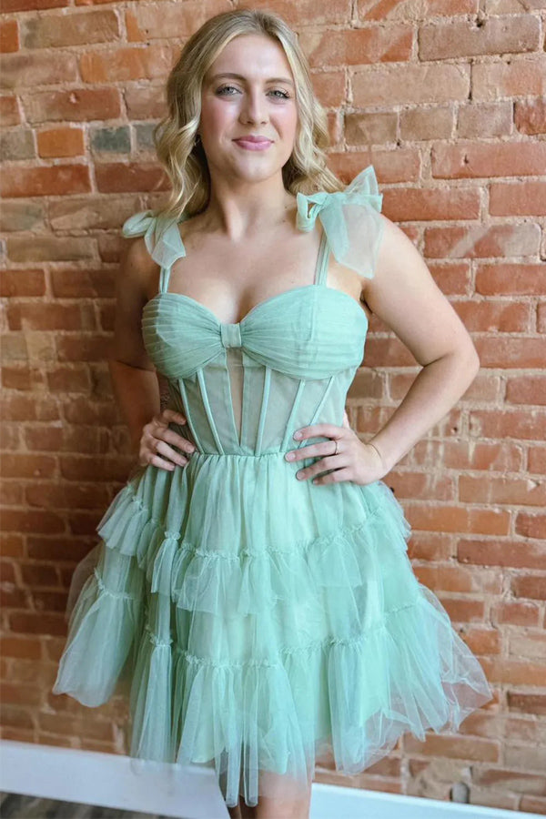 Green Straps A-Line Tulle Tiered Short Corset Homecoming Dress PD545 US14 / Custom Color Green Straps A-Line Tulle Tiered Short Corset Homecoming Dress PD545 US14 / Custom Color